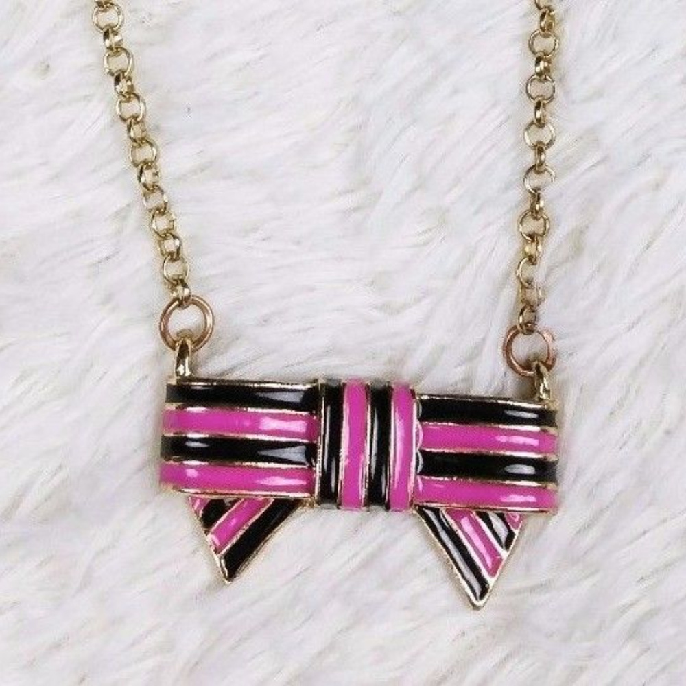 Claire's Enamel Black Pink Ribbon Bow Necklace